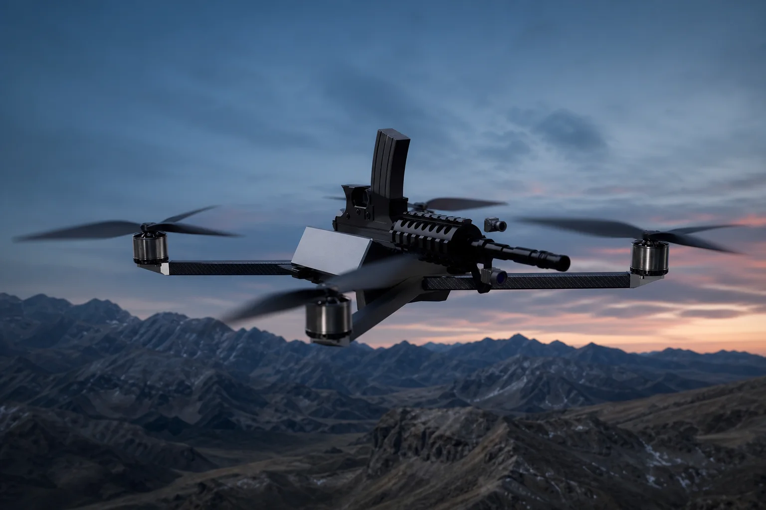 Apex-G direct-fire multirotor in flight above rugged mountain terrain.
