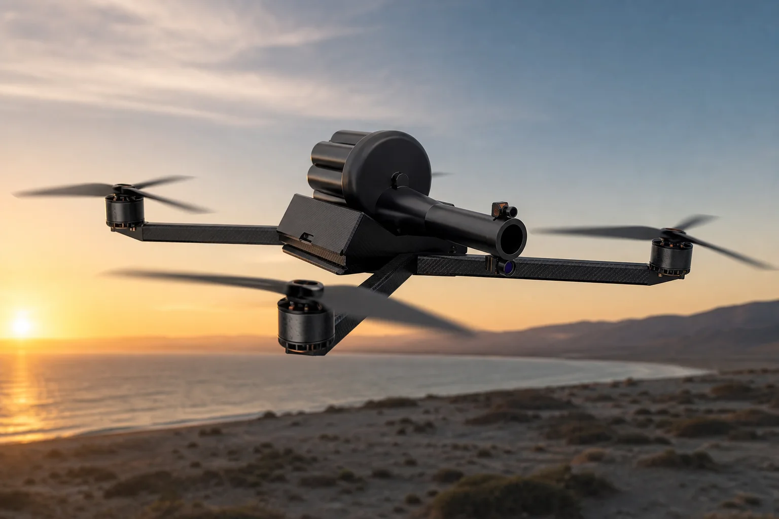 Apex-L launched-effect multirotor in flight above a coastal test range.