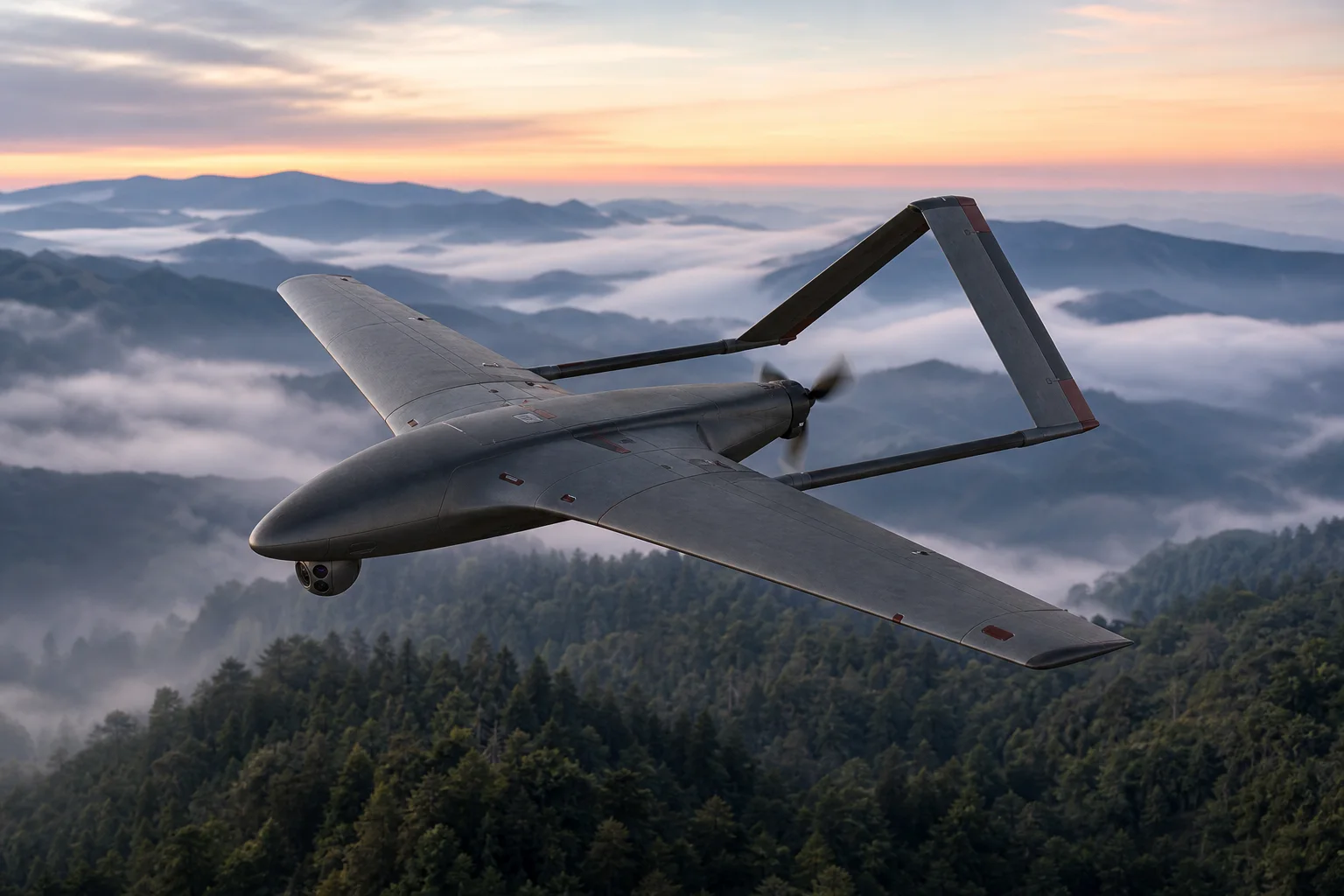 Iris M30 man-packable reconnaissance aircraft flying above a forested ridge.