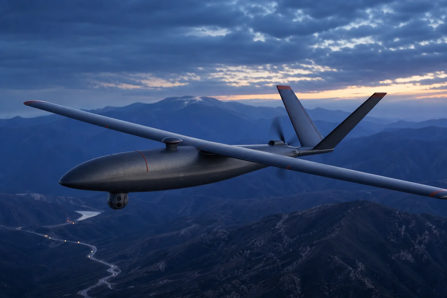 Iris T tactical overwatch aircraft cruising above a mountain route.