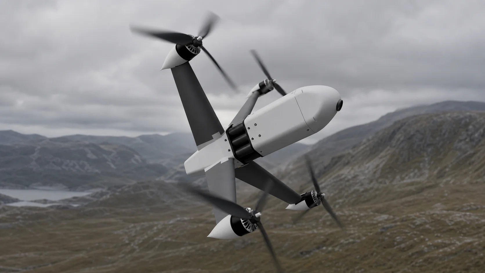 Nova-I 1 counter-air interceptor in flight above broken cloud.