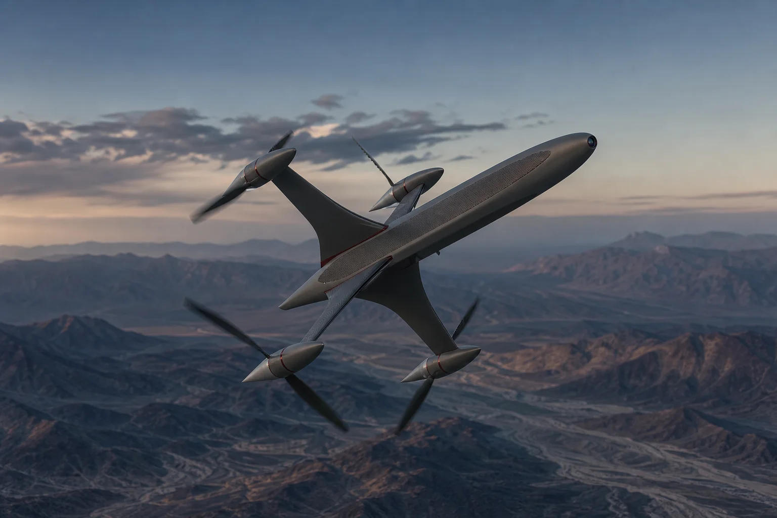 Nova-S 2 workhorse aircraft banking above a high desert valley.