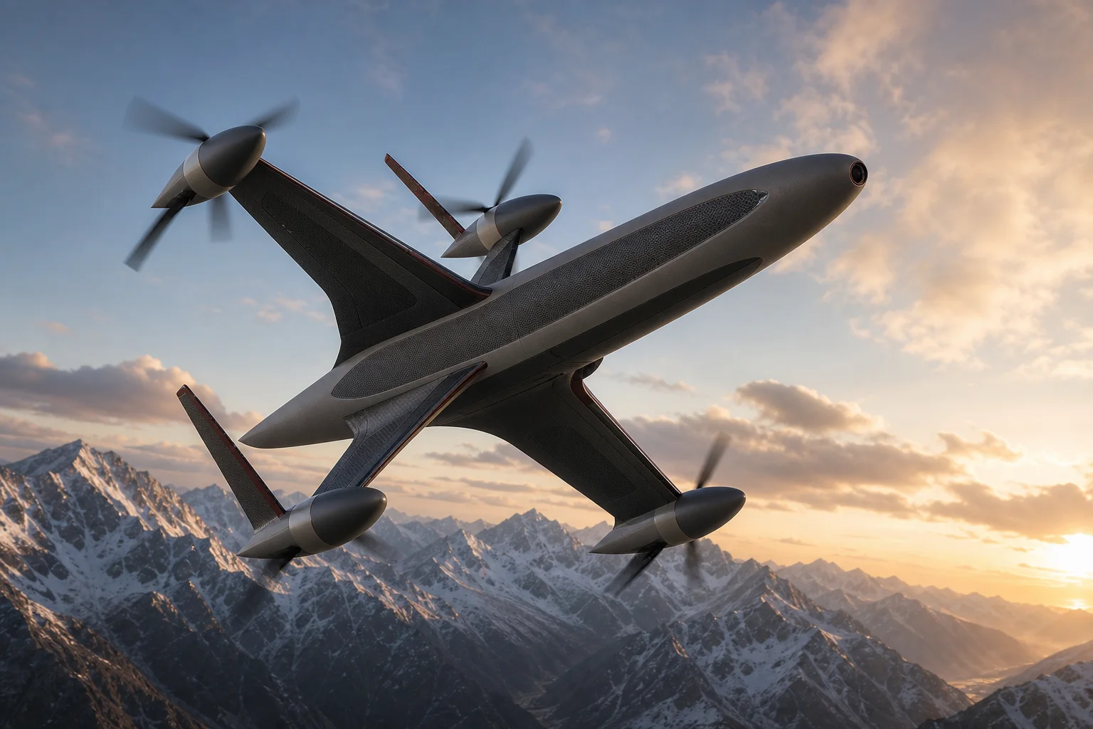 Nova-S 3 heavy agile-line aircraft climbing above mountain terrain.