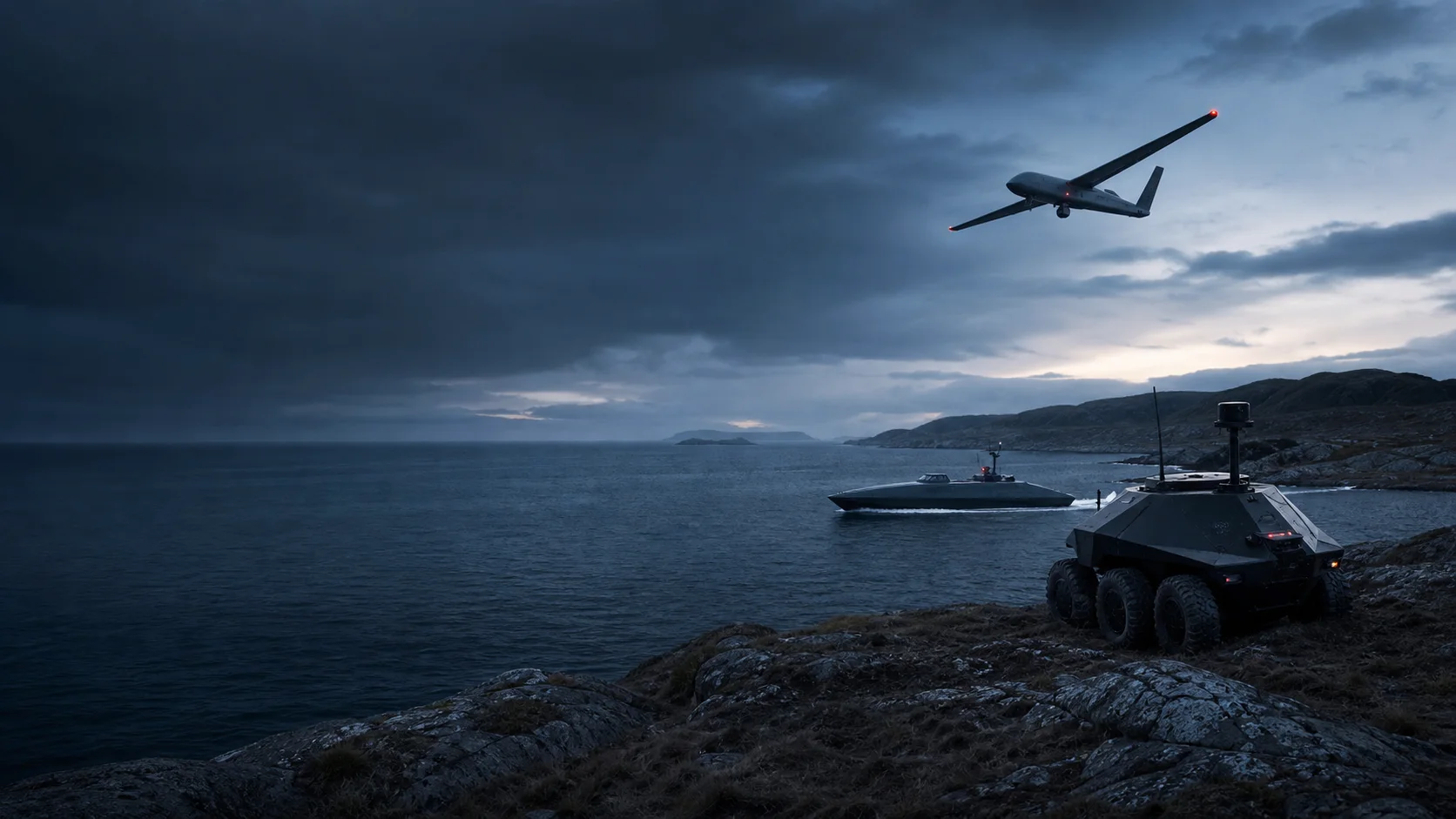 Unmanned air, ground and sea platforms operating together across a coastal test range.
