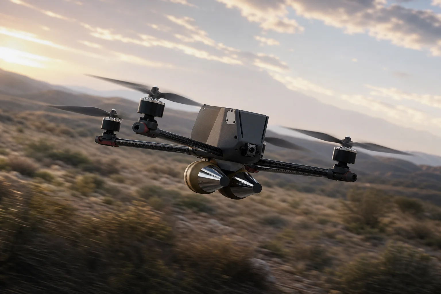 Strix 10 compact multirotor flying low above rugged terrain.