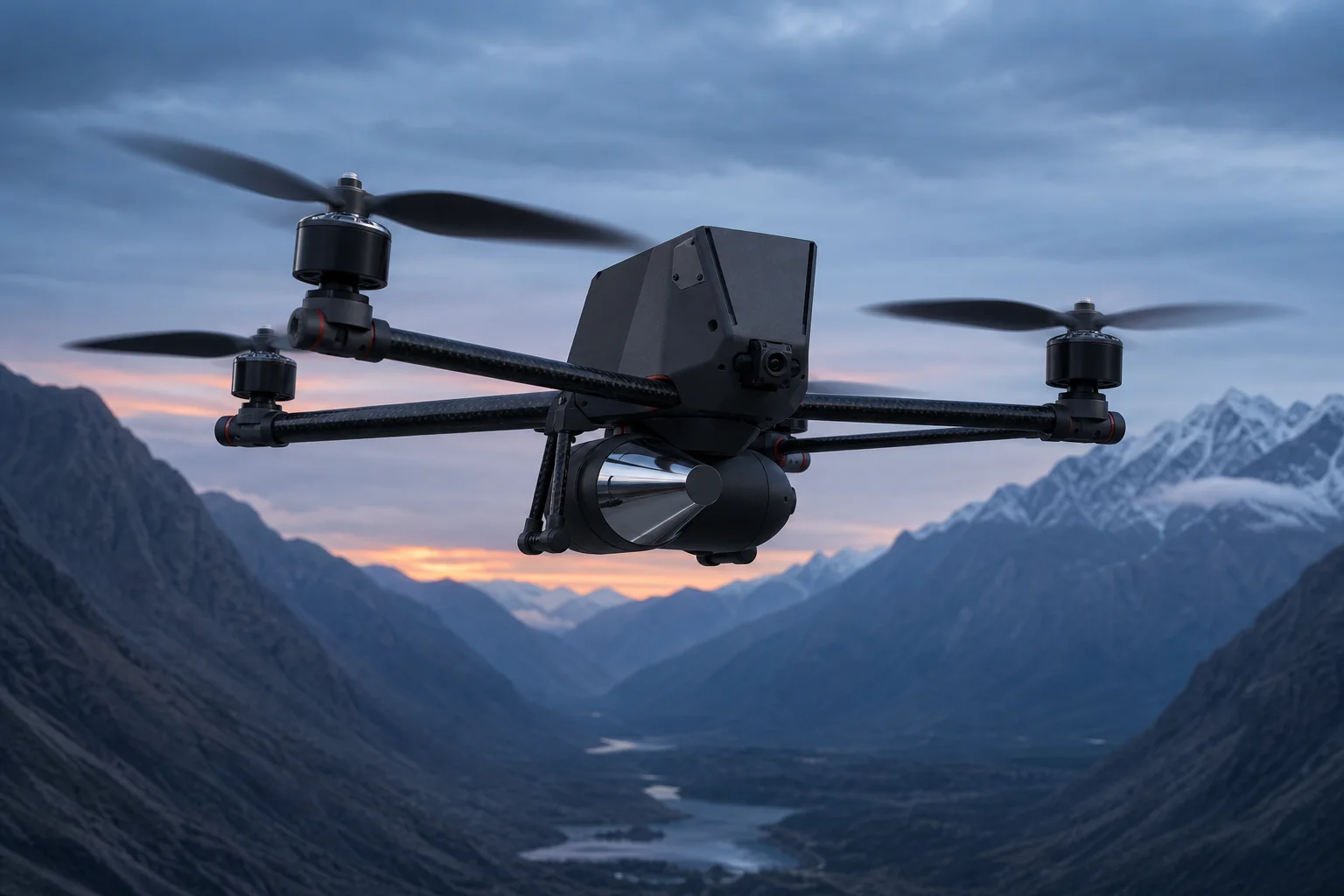 Strix 15 workhorse multirotor flying through a mountain valley.