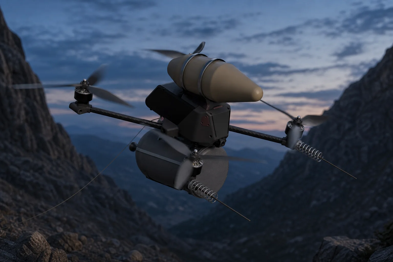 Strix Opto fiber-controlled multirotor flying through a mountain pass.